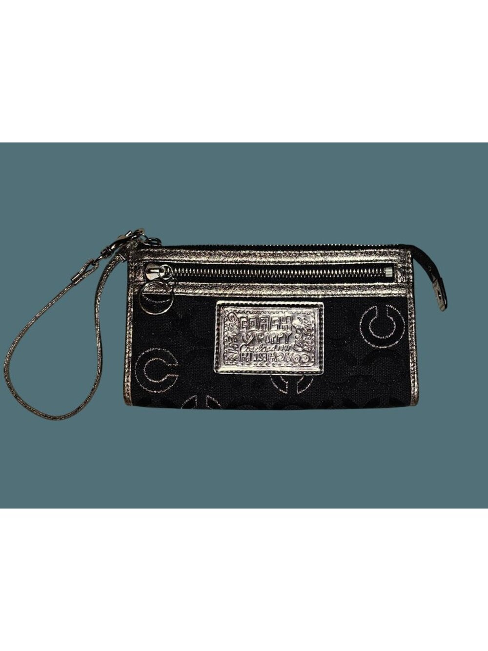Coach Black Signature C Canvas  Poppy Slim Zip Metallic Gold Trim Wristlet
